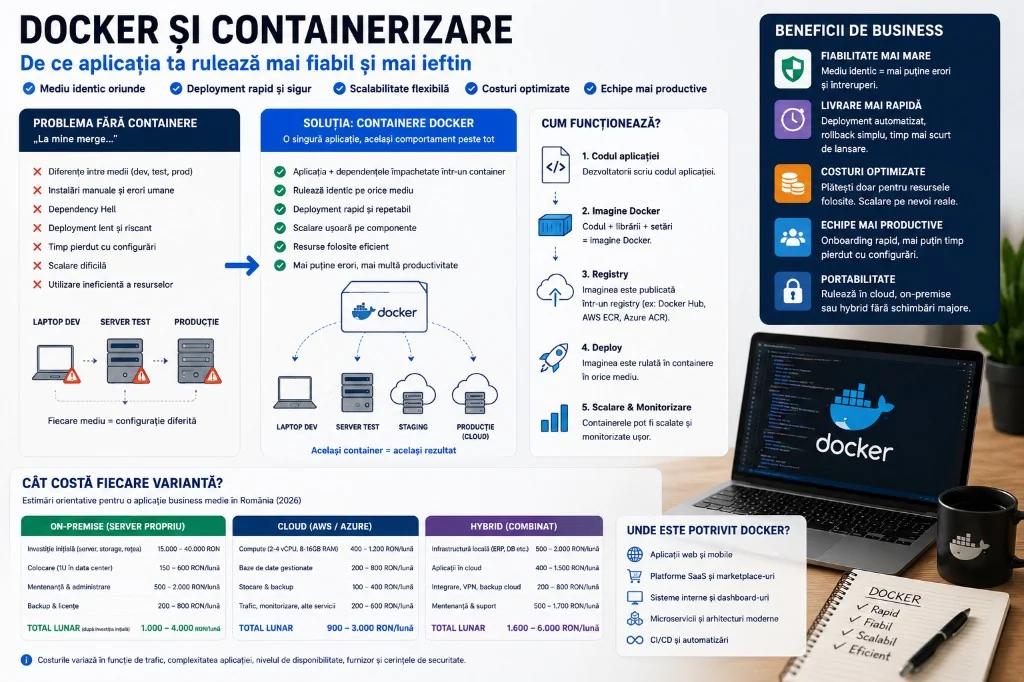 Docker și containerizare explicat pentru manageri: de ce aplicația ta rulează mai fiabil și mai ieftin